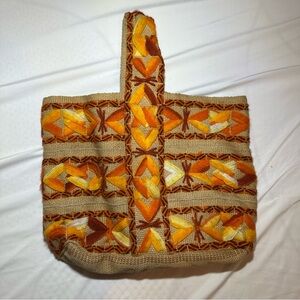 Vintage Tote Bag Burlap Jute‎ Embroidered Lined Orange Brown BOHO